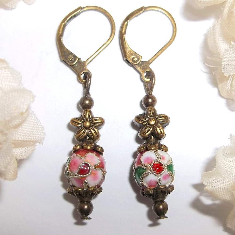 Earring Cloisonne Mauve Pink Brown Bronze Floral Flower Dangle Drop Beaded 7711
